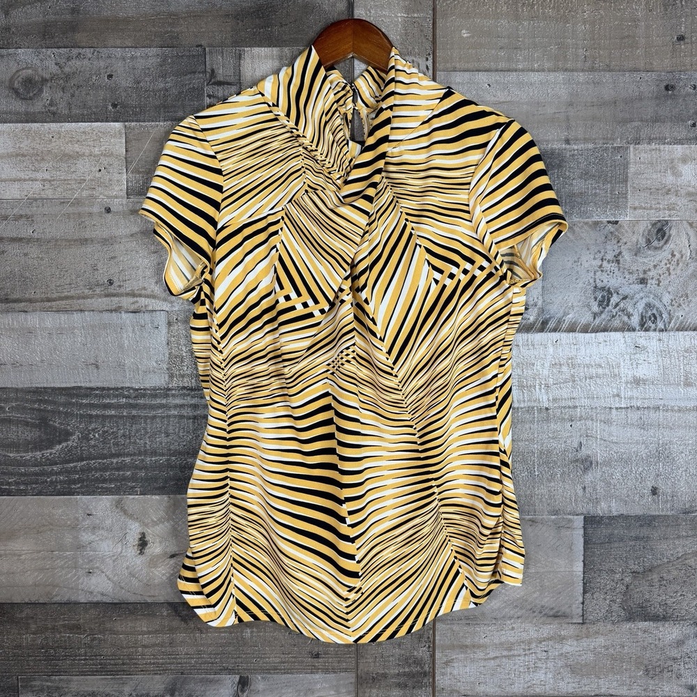Worthington Top Size XL Yellow Black Striped Mock Neck Gathered Bust Stretch